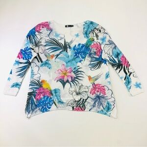 Resortwear knit womens sweater Vibrant tropical bird print relaxed fit Medium